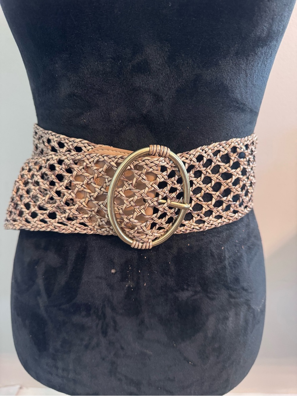 Haute Hippie Braided Brown and Tan Belt with Round Antique Gold Buckle